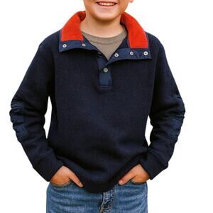 Orvis Boys Large Sweater Navy Red Collar Elbow Patches Outdoors
